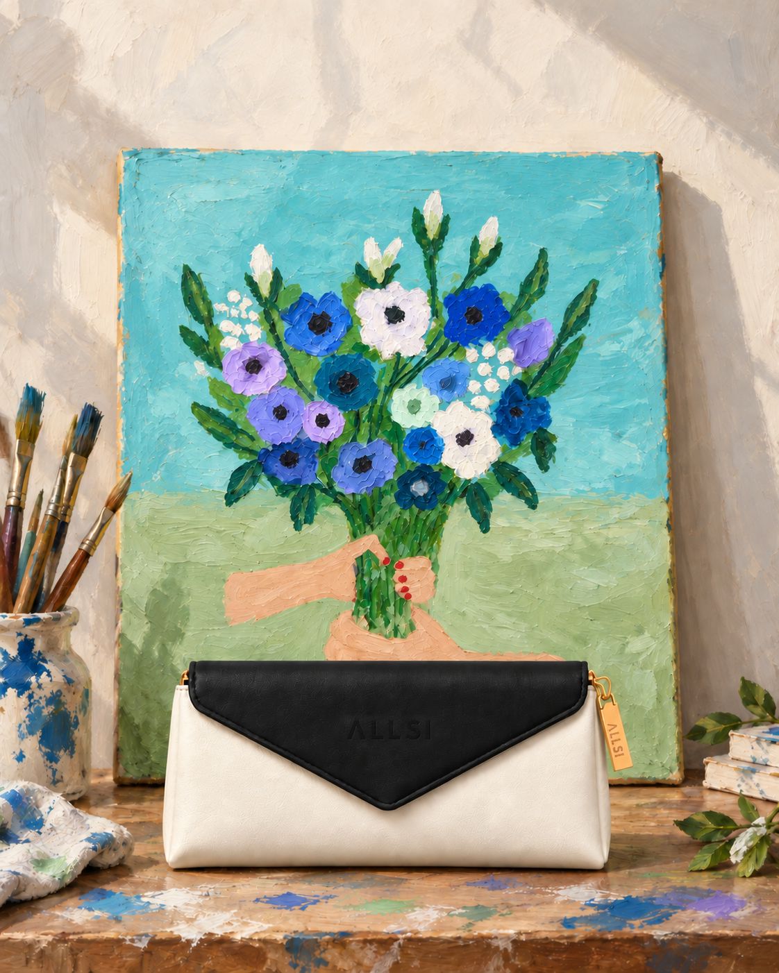 The closed ALLSI pouch on a paint-stained workbench in front of an impasto painting of hands holding blue, purple and white flowers