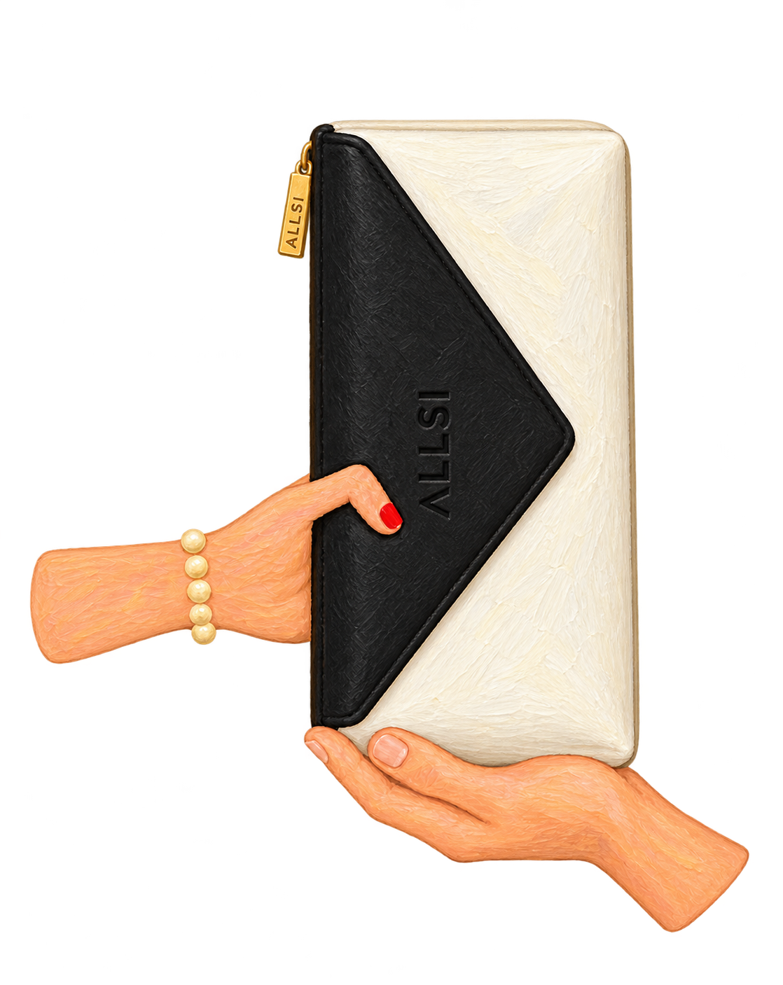 A hand with a pearl bracelet holding the closed ALLSI pouch, its black triangle flap and cream body painted in thick impasto strokes