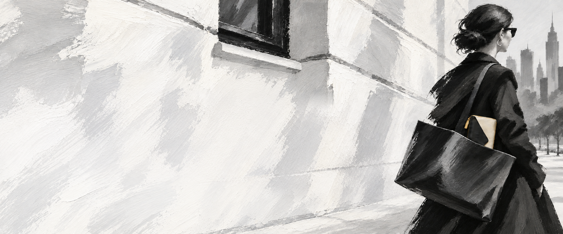 A woman in a black coat carrying the ALLSI pouch in her black tote, walking past a pale stone building facade painted in thick impasto strokes