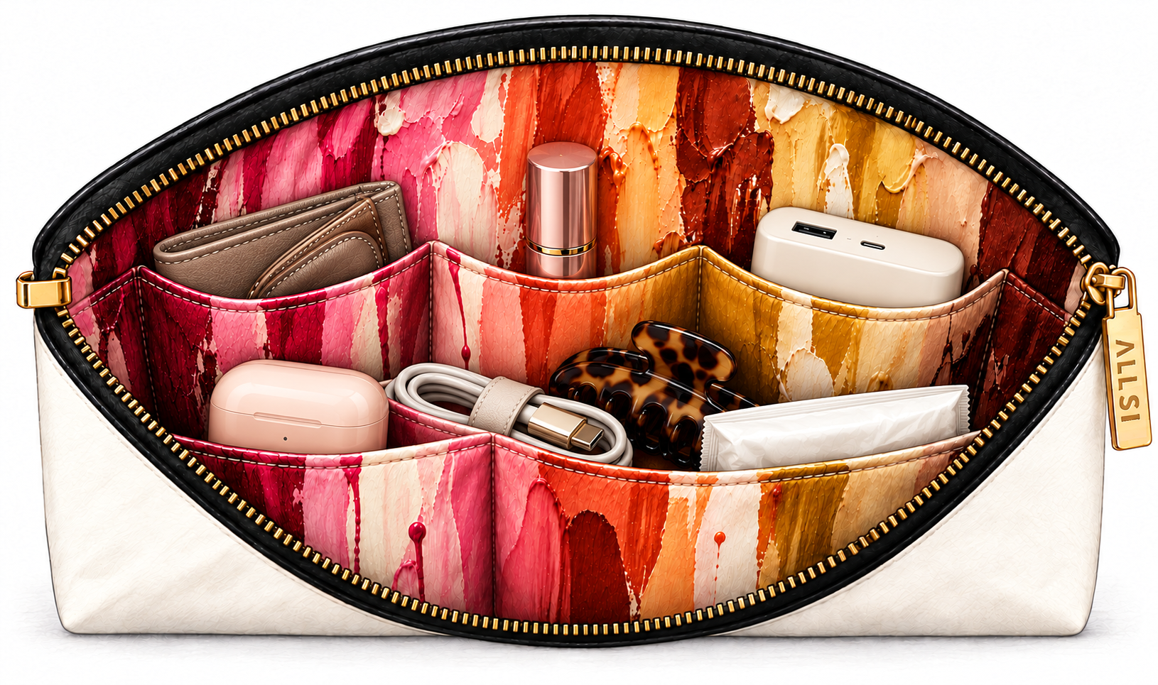 The open ALLSI pouch from above, its cream body and black trim around an interior lined in reds, pinks and oranges, holding a wallet, lip balm and earphones, with a gold zipper and an ALLSI tag at the side